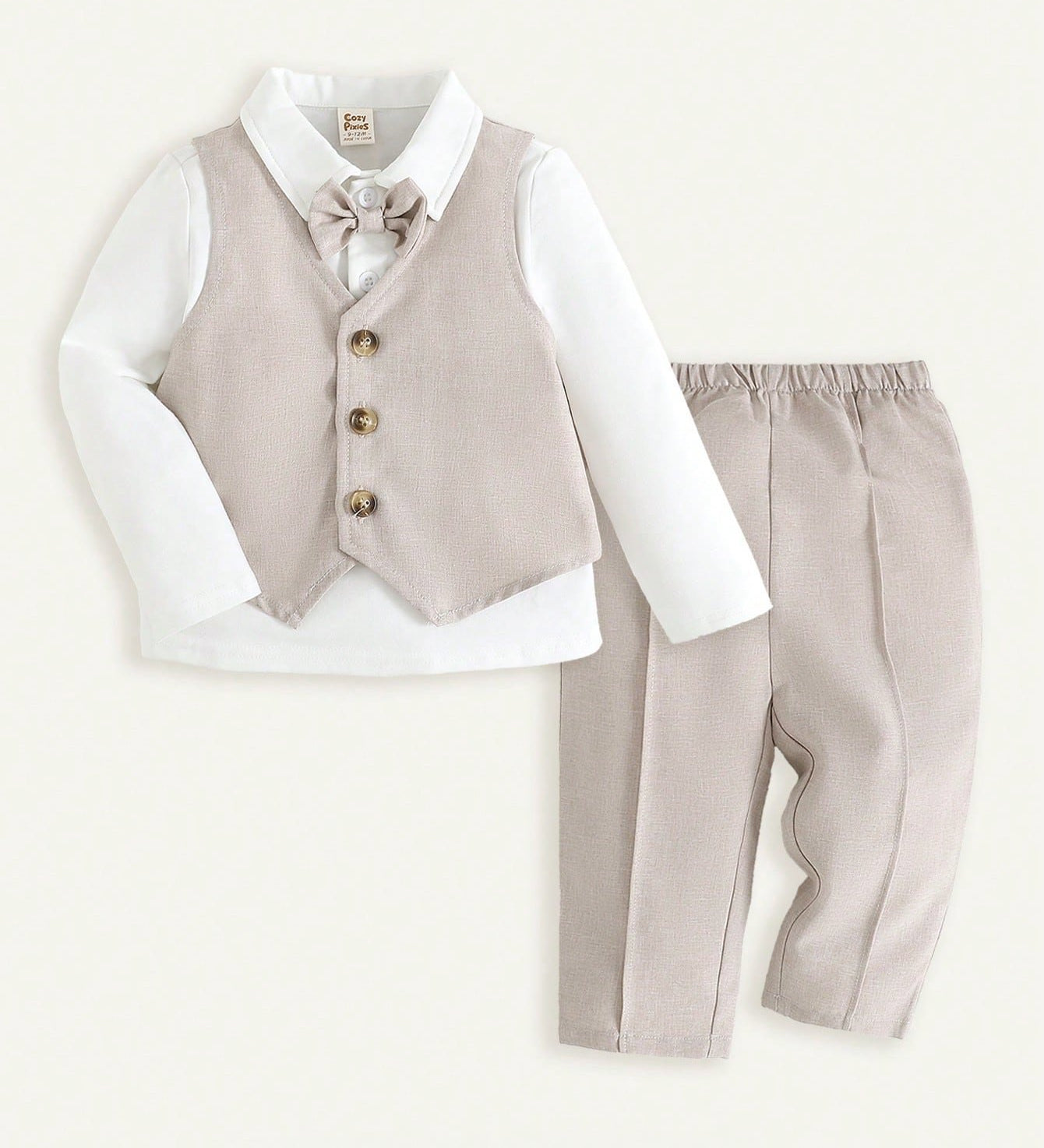 Conjunto Social Bebê Menino Colete Camisa e Calça Batizado 004 Conjunto Menino 29 Kabannas Bege 3-6 Meses 