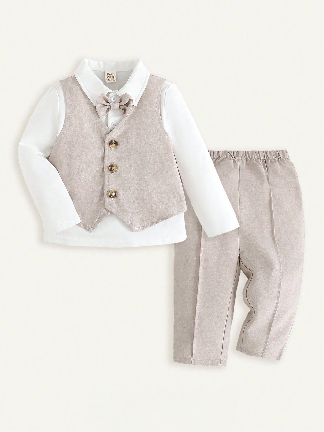 Conjunto Social Bebê Menino Colete Camisa e Calça Batizado 004 Conjunto Menino 29 Kabannas Bege 3-6 Meses 