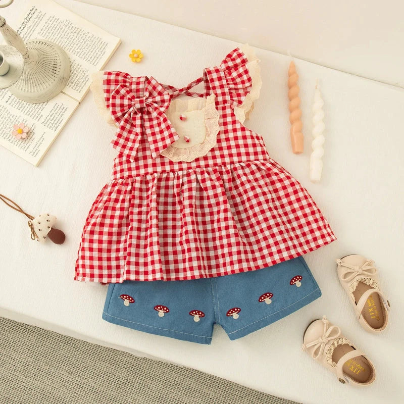 Conjunto Verão Bebê Menina Xadrez e Cogumelo Conjunto Infantil Menina 11 Kabannas 12-18 Meses 