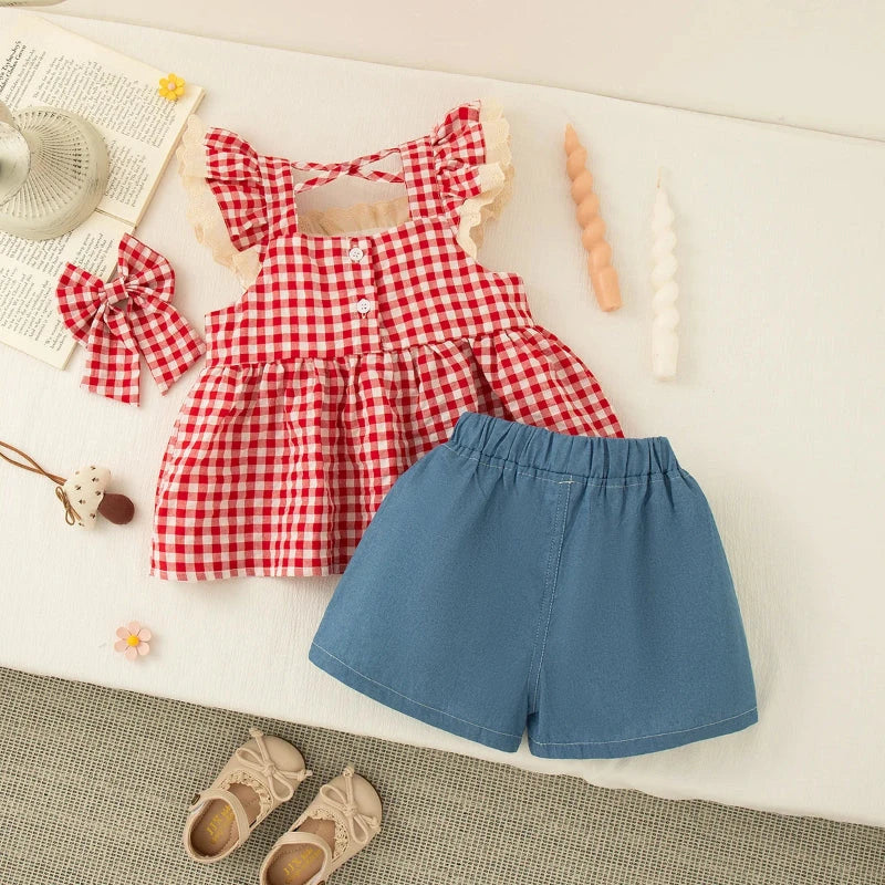 Conjunto Verão Bebê Menina Xadrez e Cogumelo Conjunto Infantil Menina 11 Kabannas 