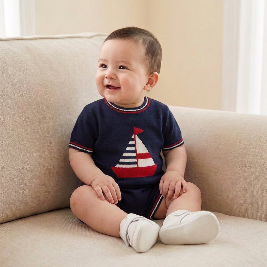 Conjunto Vintage Bebê em Algodão - Camiseta e Short Moda Vintage Infantil 36 Kabannas Azul marinho 0-3 Meses 