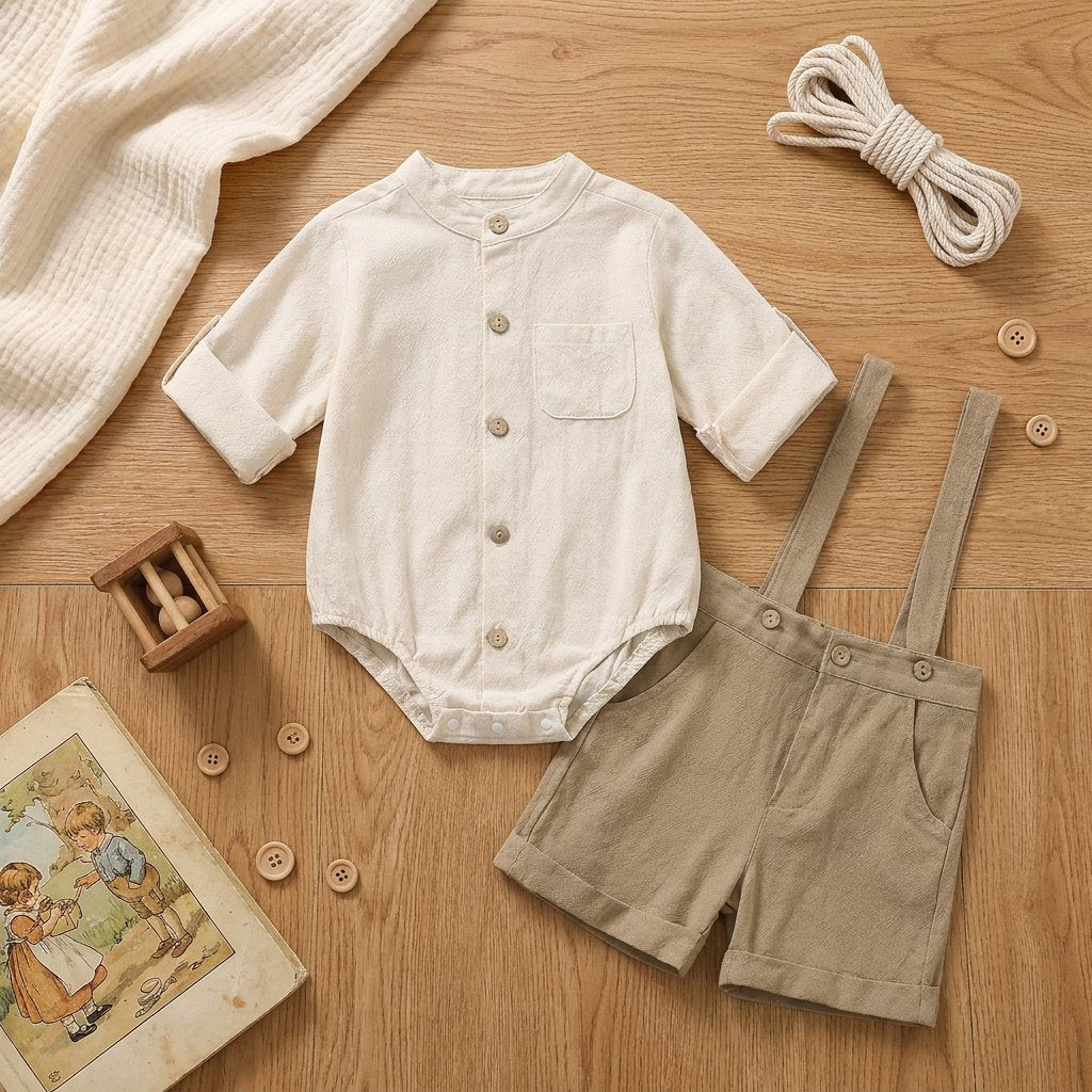Conjunto Vintage de Suspensório e Body de Algodão para Bebês Moda Vintage Infantil 29 Kabannas 