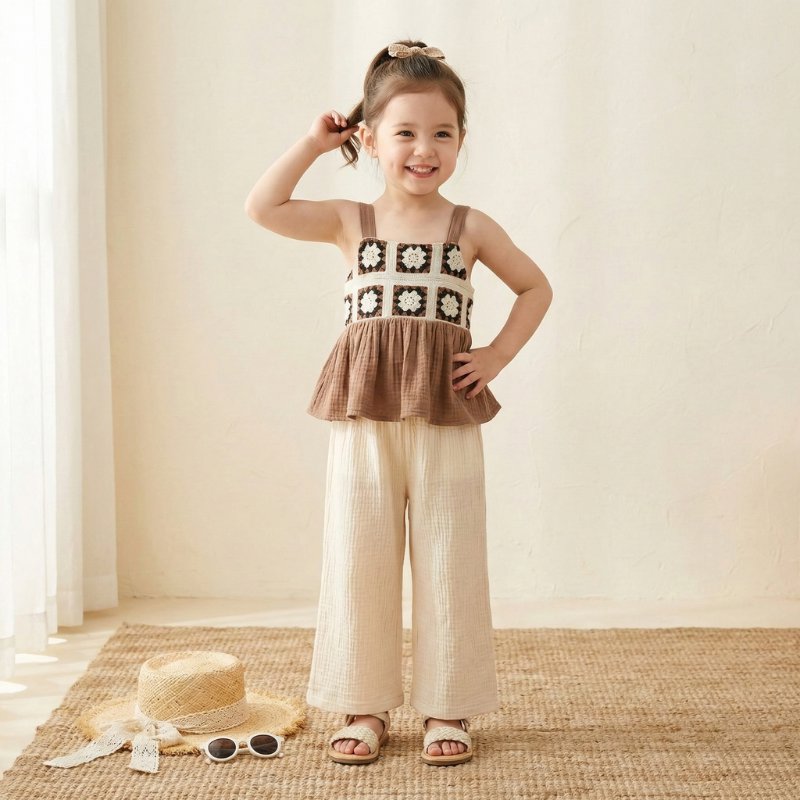 Conjunto Vintage de Verão para Meninas - Top com Babados e Calça Solta Moda Vintage Infantil 20 Kabannas 3 Anos 