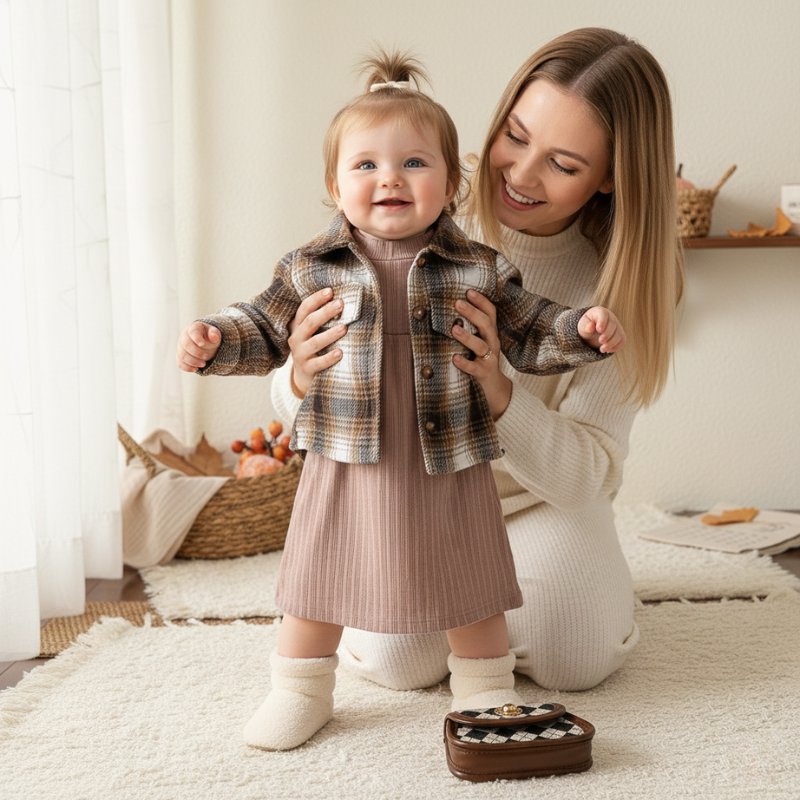 Conjunto Vintage Feminino - Vestido Tricô Canelado e Jaqueta Xadrez Moda Vintage Infantil 51 Kabannas 