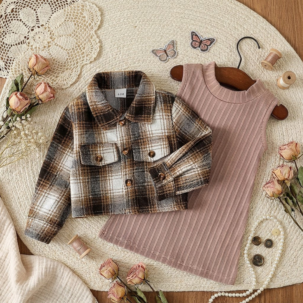 Conjunto Vintage Feminino - Vestido Tricô Canelado e Jaqueta Xadrez Moda Vintage Infantil 51 Kabannas 