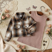Conjunto Vintage Feminino - Vestido Tricô Canelado e Jaqueta Xadrez Moda Vintage Infantil 51 Kabannas 