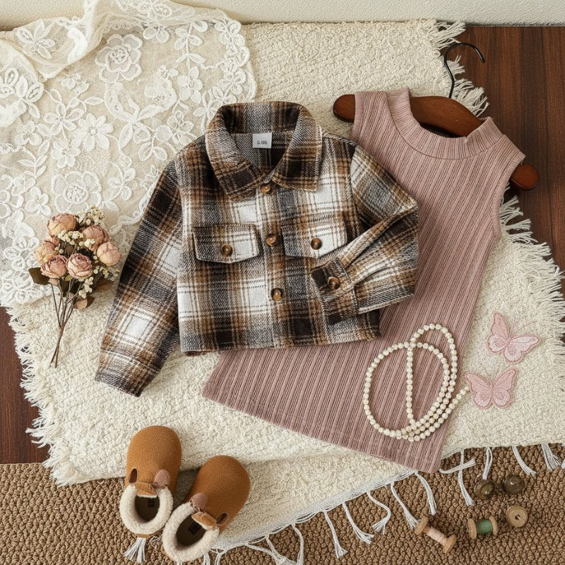 Conjunto Vintage Feminino - Vestido Tricô Canelado e Jaqueta Xadrez Moda Vintage Infantil 51 Kabannas 