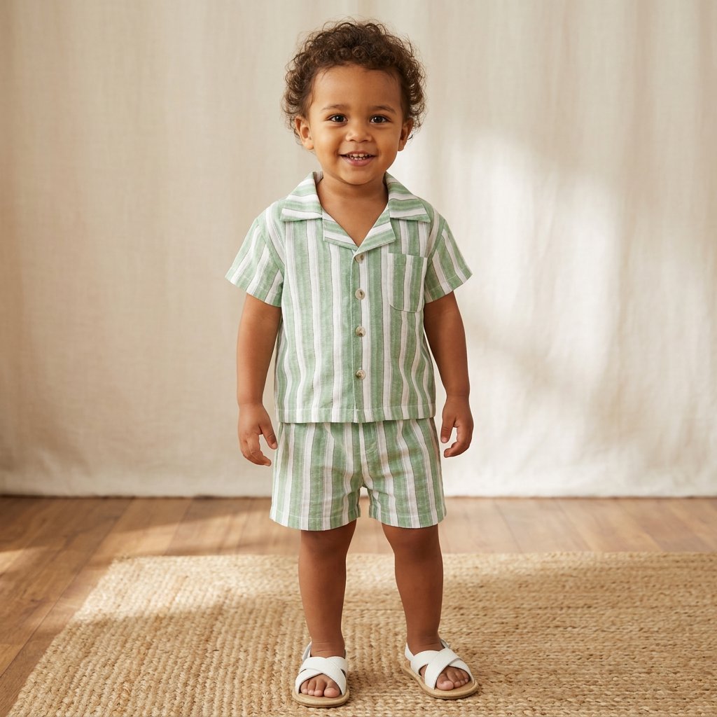 Conjunto Vintage Infantil Listrado Verde - Camisa e Shorts Verão Moda Vintage Infantil 25 Kabannas 6-9 Meses 