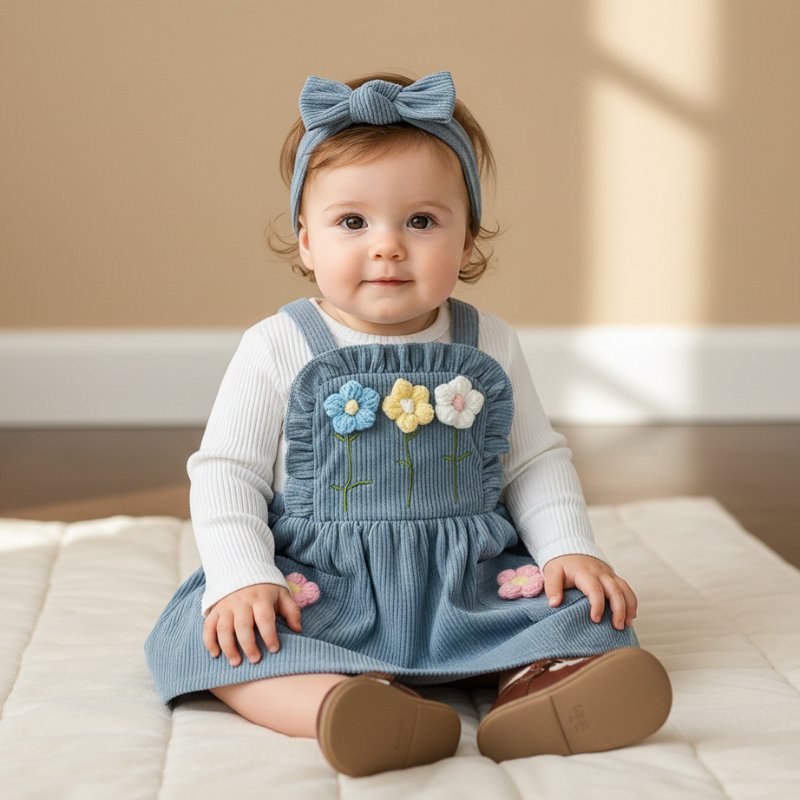 Conjunto Vintage Jardineira Floral - Avental de Cotelê com Blusa Moda Vintage Infantil 44 Kabannas 3-6 Meses 