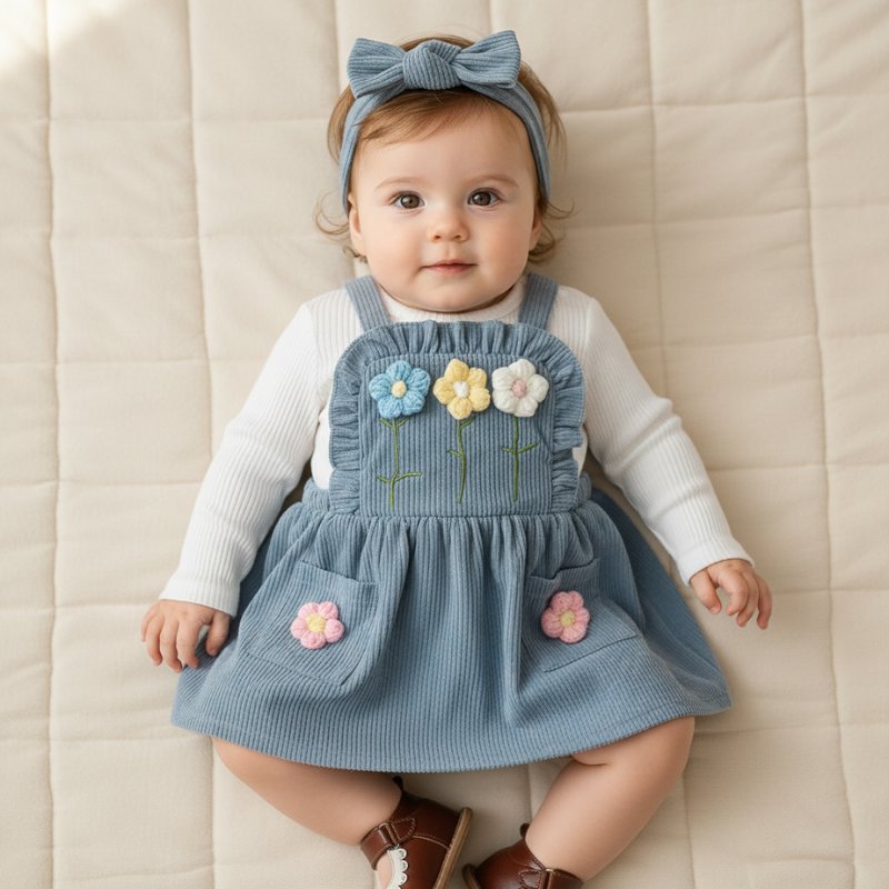 Conjunto Vintage Jardineira Floral - Avental de Cotelê com Blusa Moda Vintage Infantil 44 Kabannas 