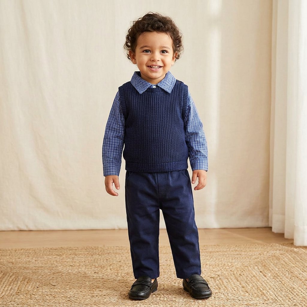 Conjunto Vintage Menino: Camisa Xadrez, Colete Tricô e Calça Moda Vintage Infantil 47 Kabannas 3-6 Meses 