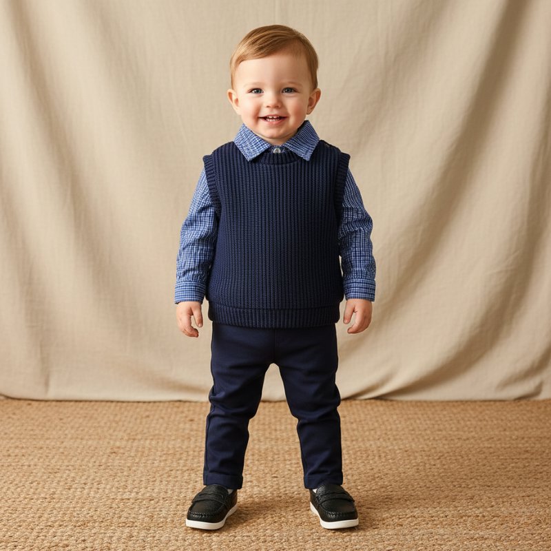 Conjunto Vintage Menino: Camisa Xadrez, Colete Tricô e Calça Moda Vintage Infantil 47 Kabannas 3-6 Meses 