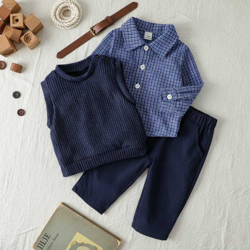 Conjunto Vintage Menino: Camisa Xadrez, Colete Tricô e Calça Moda Vintage Infantil 47 Kabannas 