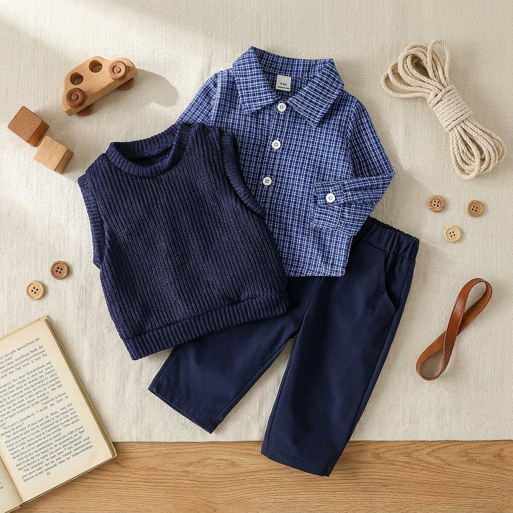 Conjunto Vintage Menino: Camisa Xadrez, Colete Tricô e Calça Moda Vintage Infantil 47 Kabannas 