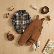 Conjunto Vintage Outono para Bebês: Camisa Xadrez e Macacão Moda Vintage Infantil 01 Kabannas 