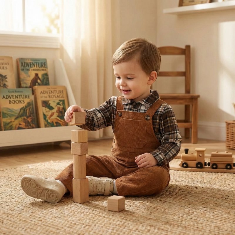 Conjunto Vintage Outono para Bebês: Camisa Xadrez e Macacão Moda Vintage Infantil 01 Kabannas 
