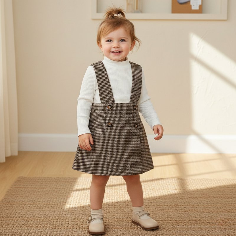 Conjunto Vintage Salopete Pied-de-Poule com Blusa Canelada Moda Vintage Infantil 46 Kabannas 18-24 Meses 