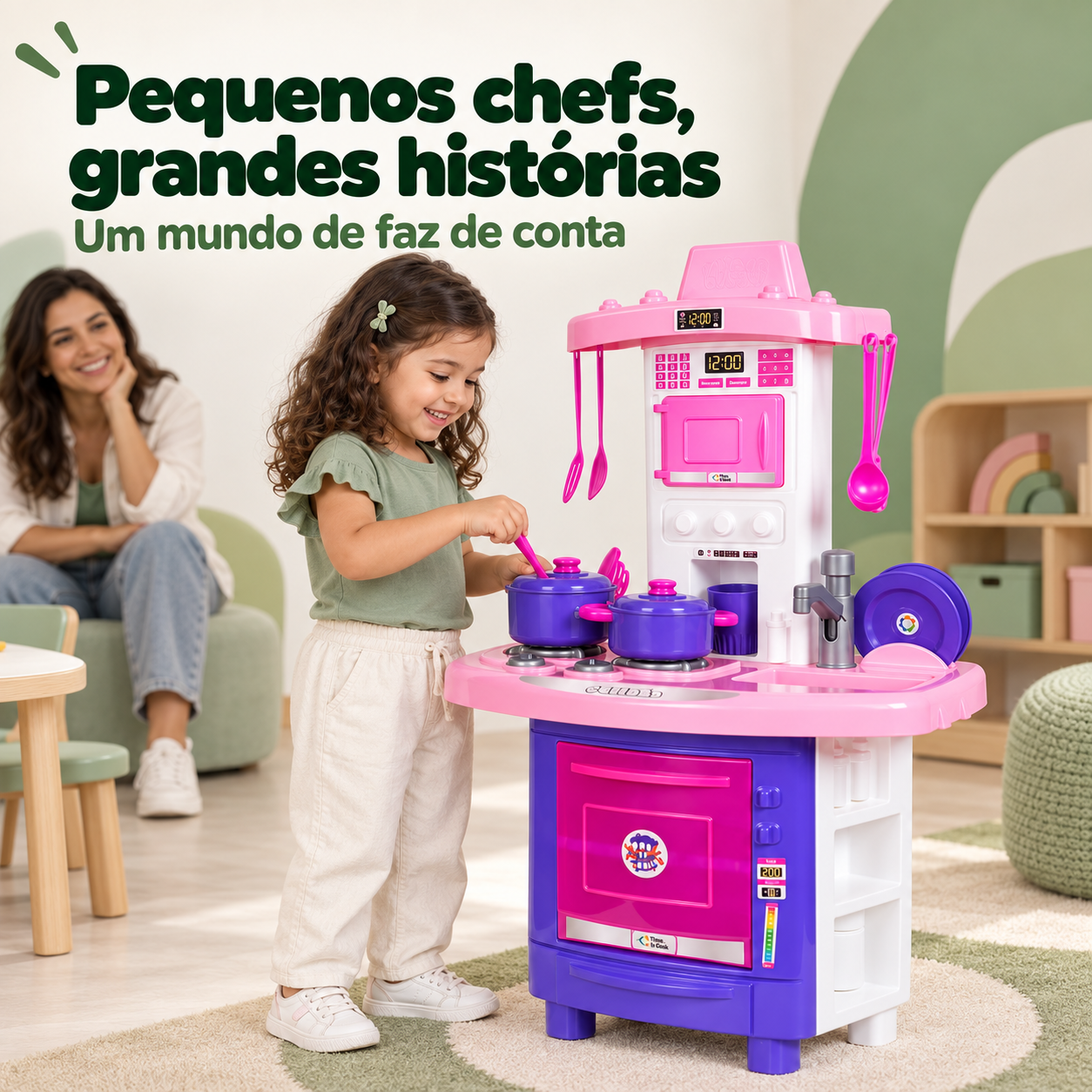 Criança brincando com cozinha infantil de faz de conta