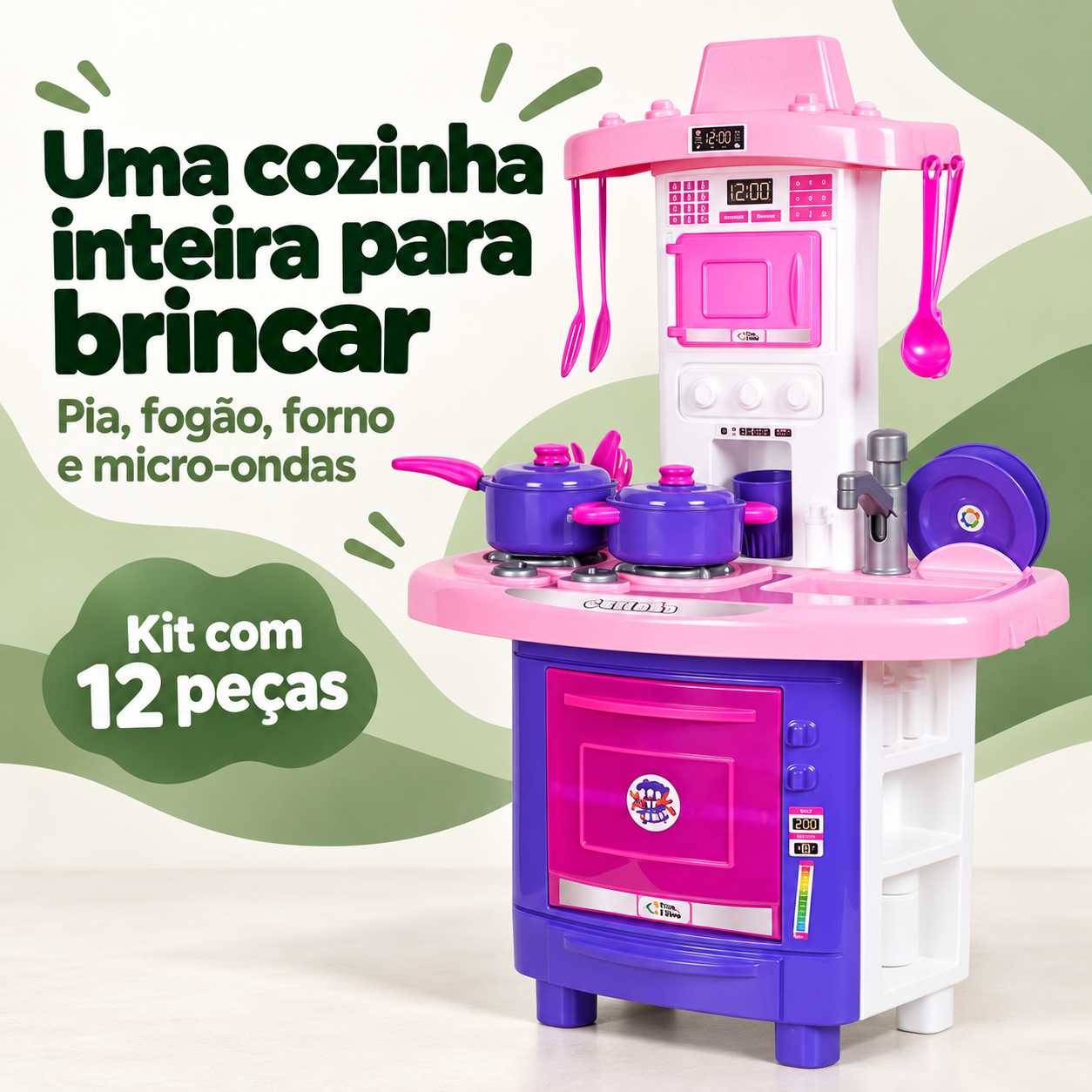 Cozinha infantil completa com pia, fogão, forno e micro-ondas