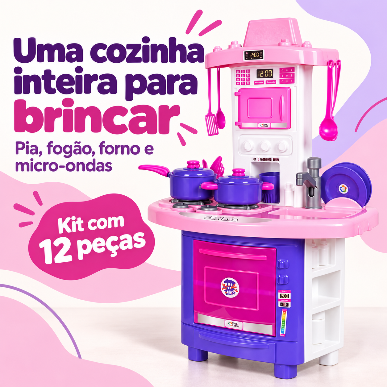 Cozinha infantil rosa e roxa com pia, fogão, forno e micro-ondas