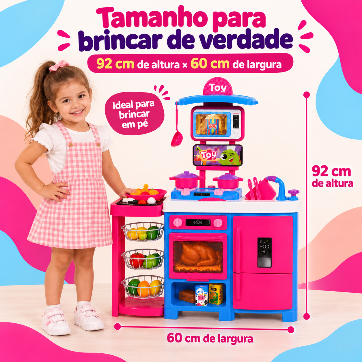 Cozinha infantil com 92 cm de altura e 60 cm de largura