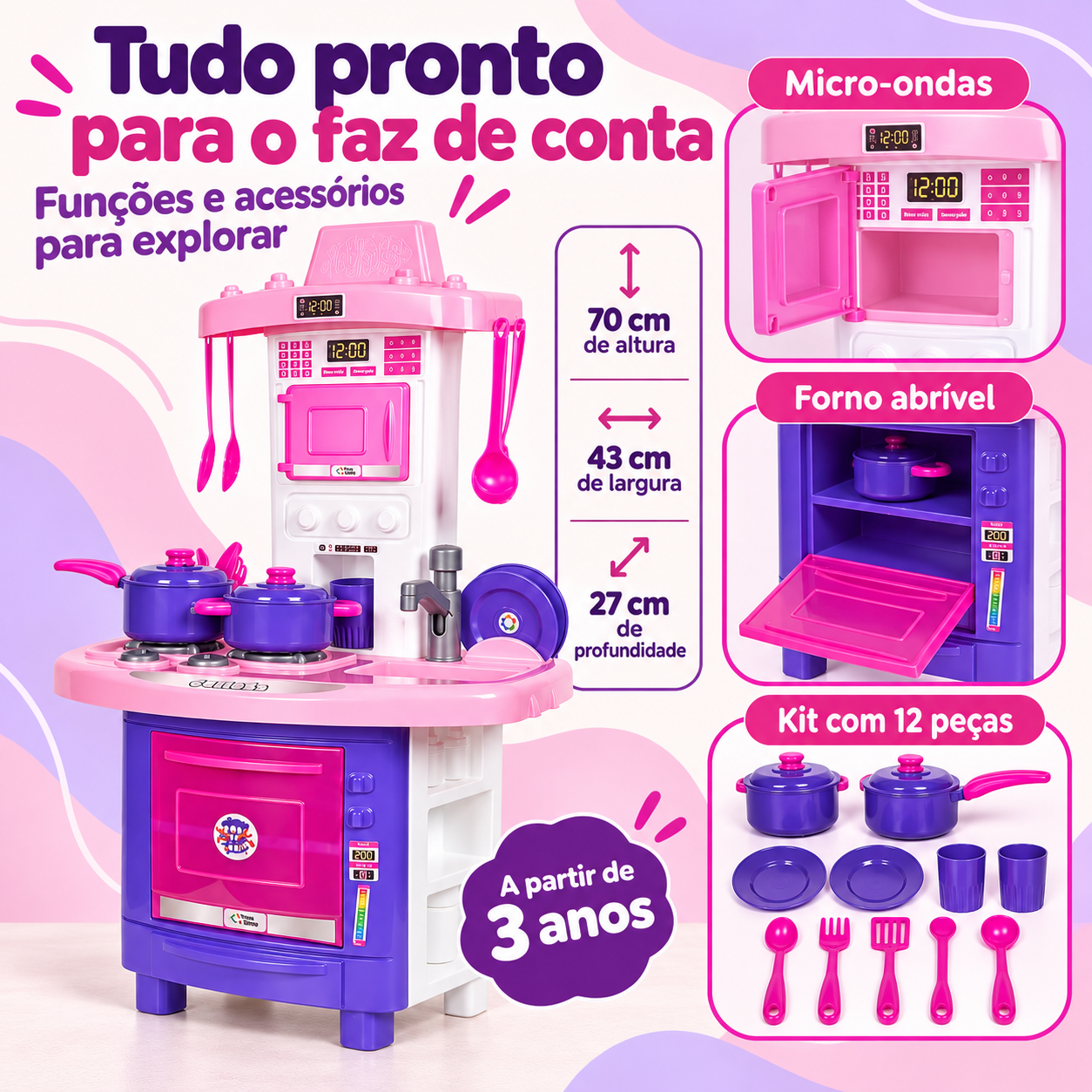 Detalhes, acessórios e medidas da cozinha infantil de 70 cm