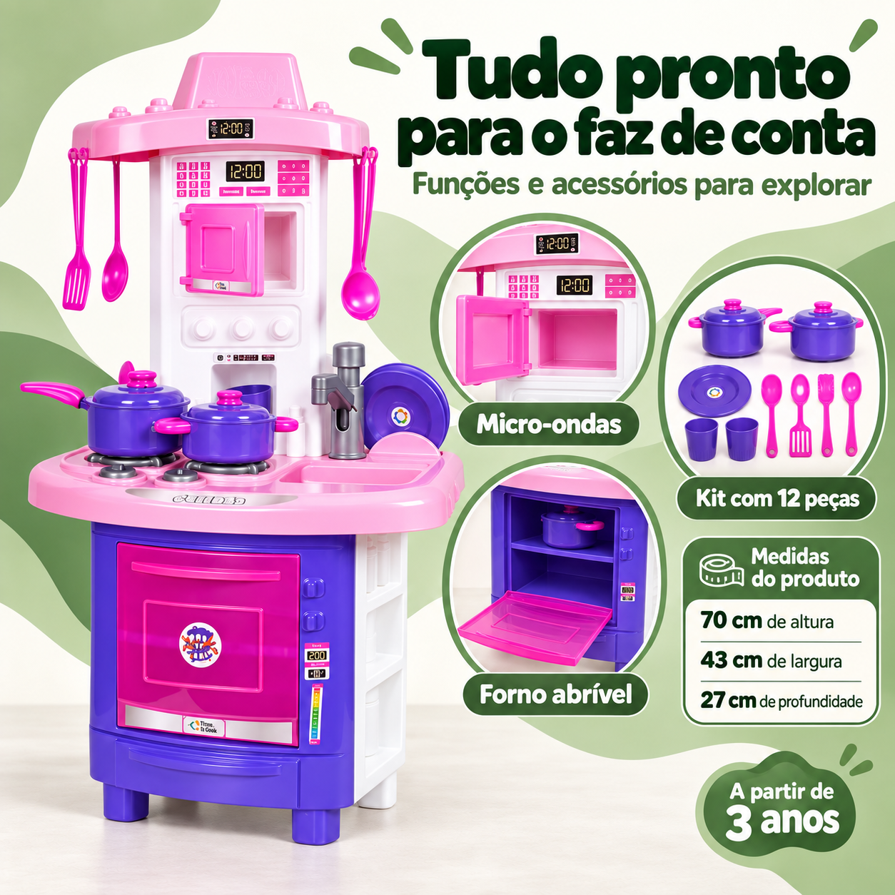 Detalhes, acessórios e medidas da cozinha infantil de 70 cm