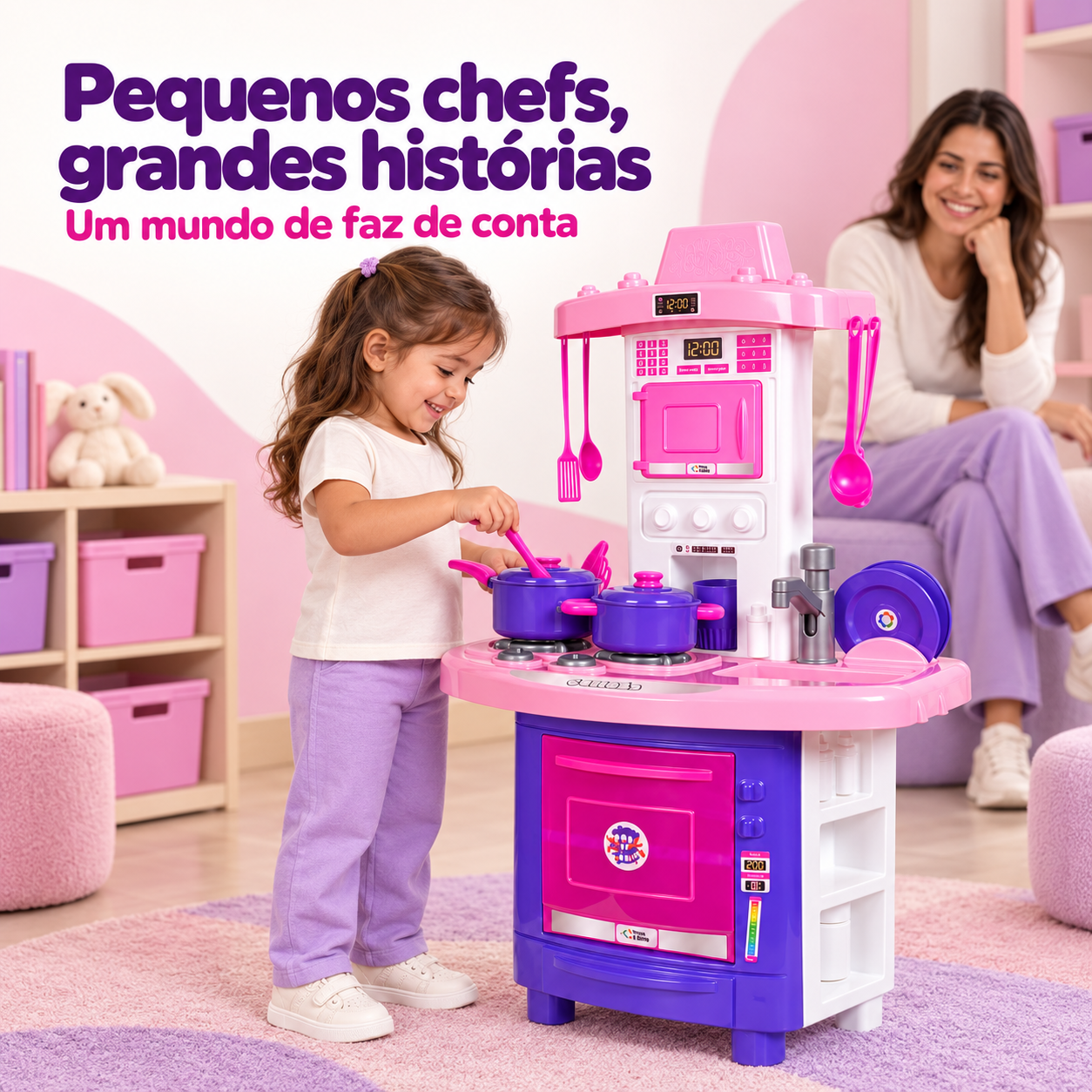 Menina brincando com cozinha infantil rosa e roxa