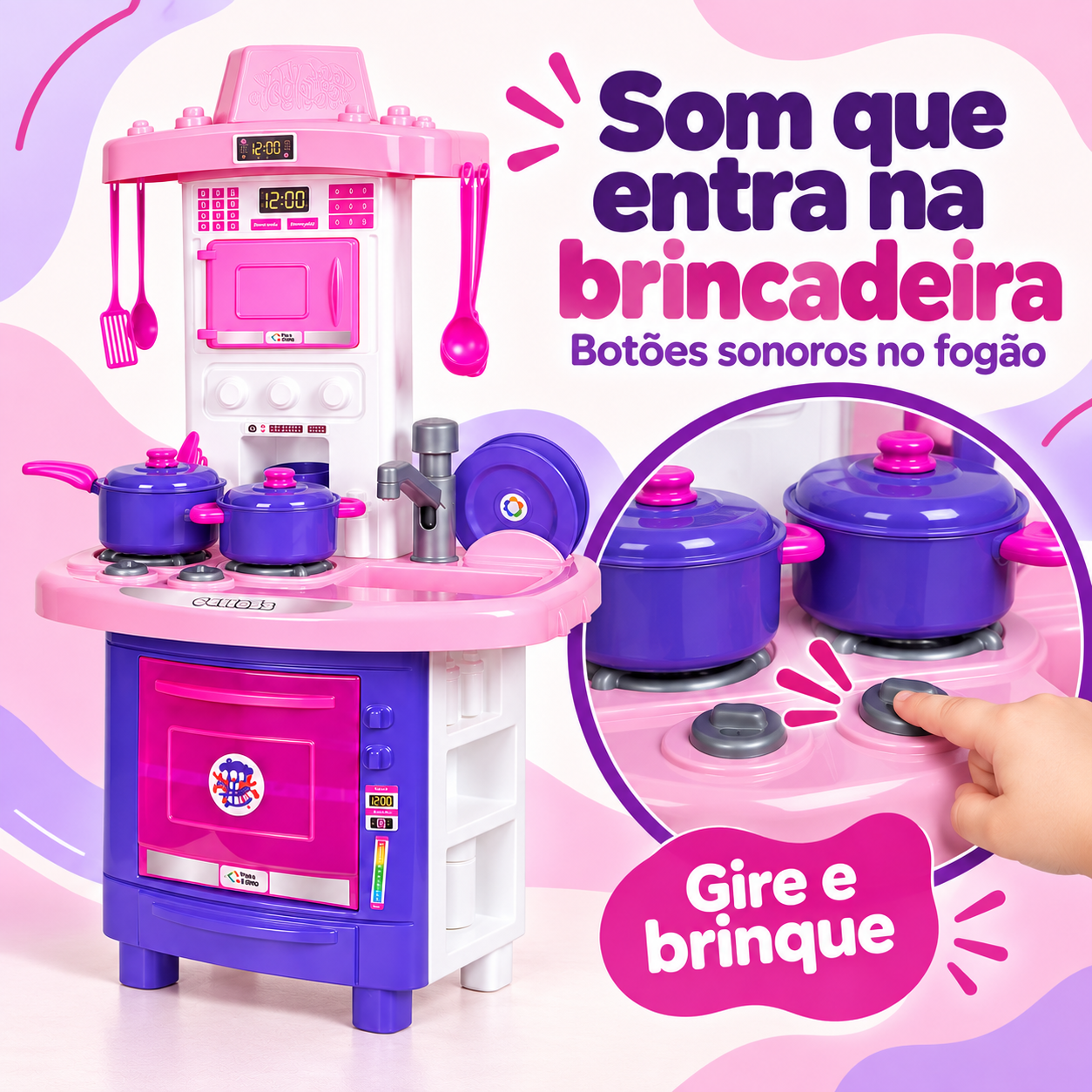 Fogão com botões sonoros da cozinha infantil rosa e roxa