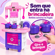 Fogão com botões sonoros da cozinha infantil rosa e roxa