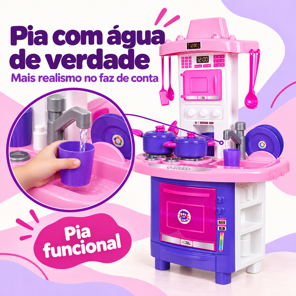 Pia funcional com água da cozinha infantil rosa e roxa