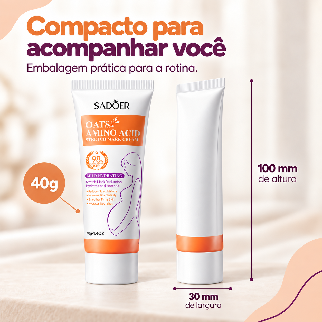 Detalhes e dimensões da embalagem de 40g