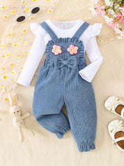 Conjunto 2 Peças Bebê Menina Jardineira com Flores e Top Canelado Manga Longa
