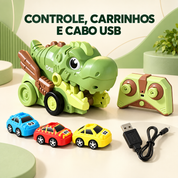 Brinquedo dinossauro com controle remoto, carrinhos coloridos e cabo USB