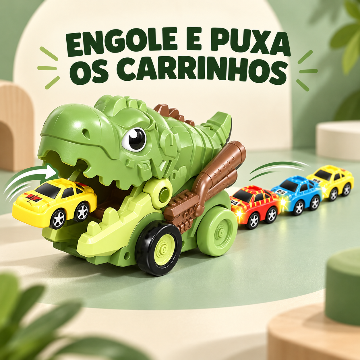 Dinossauro T-Rex verde engolindo e puxando carrinhos magnéticos