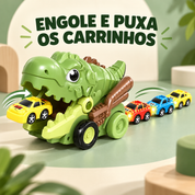 Dinossauro T-Rex verde engolindo e puxando carrinhos magnéticos