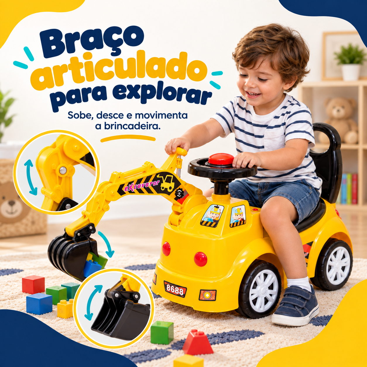 Braço e caçamba articulados da escavadeira infantil