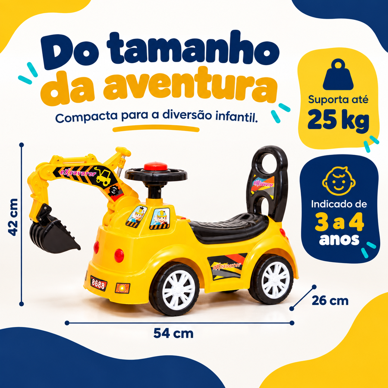 Medidas e capacidade da escavadeira infantil