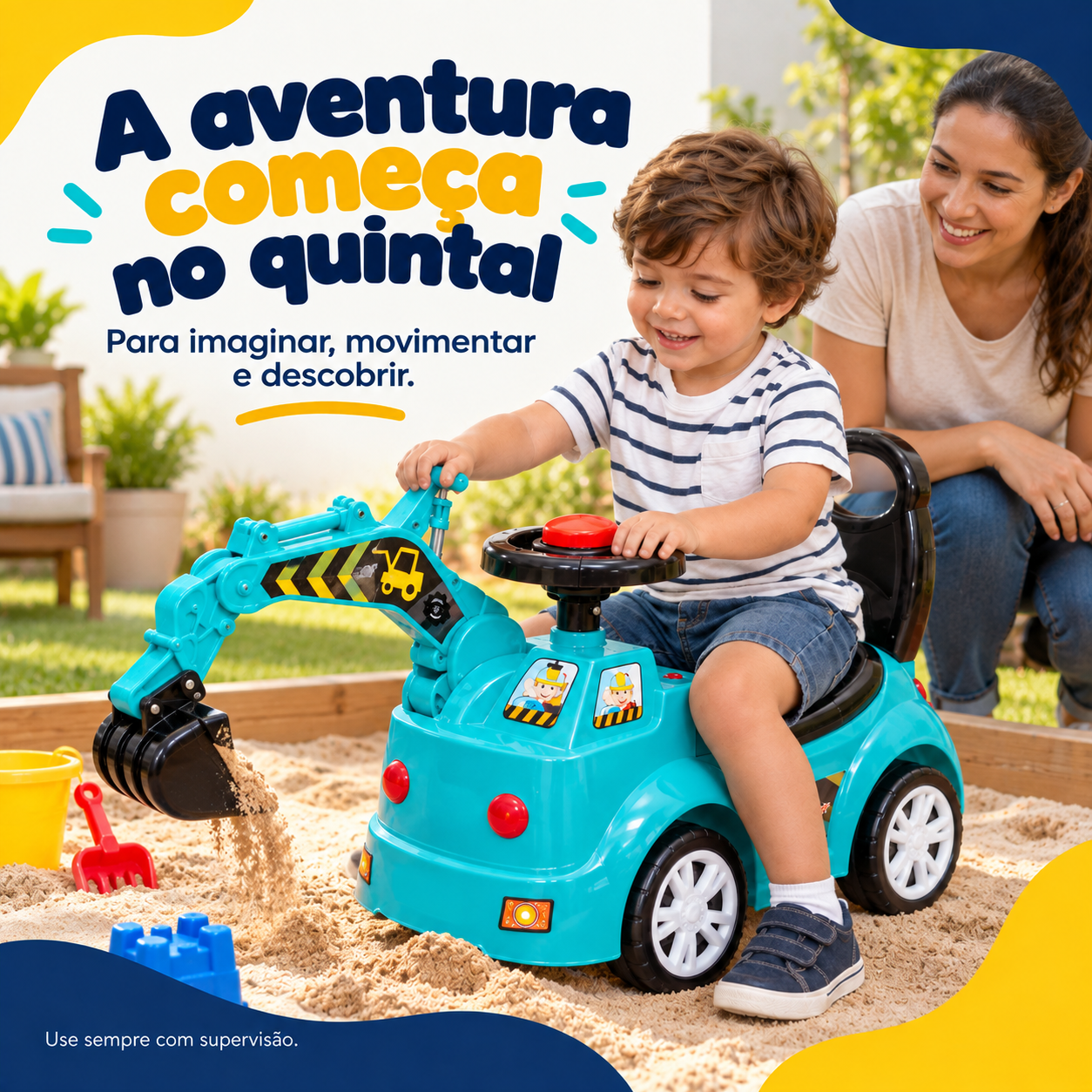 Escavadeira infantil azul em uso no quintal