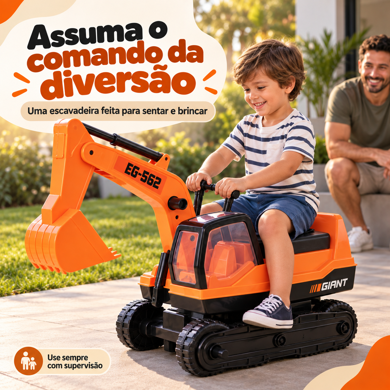 Criança sentada na escavadeira infantil Giant