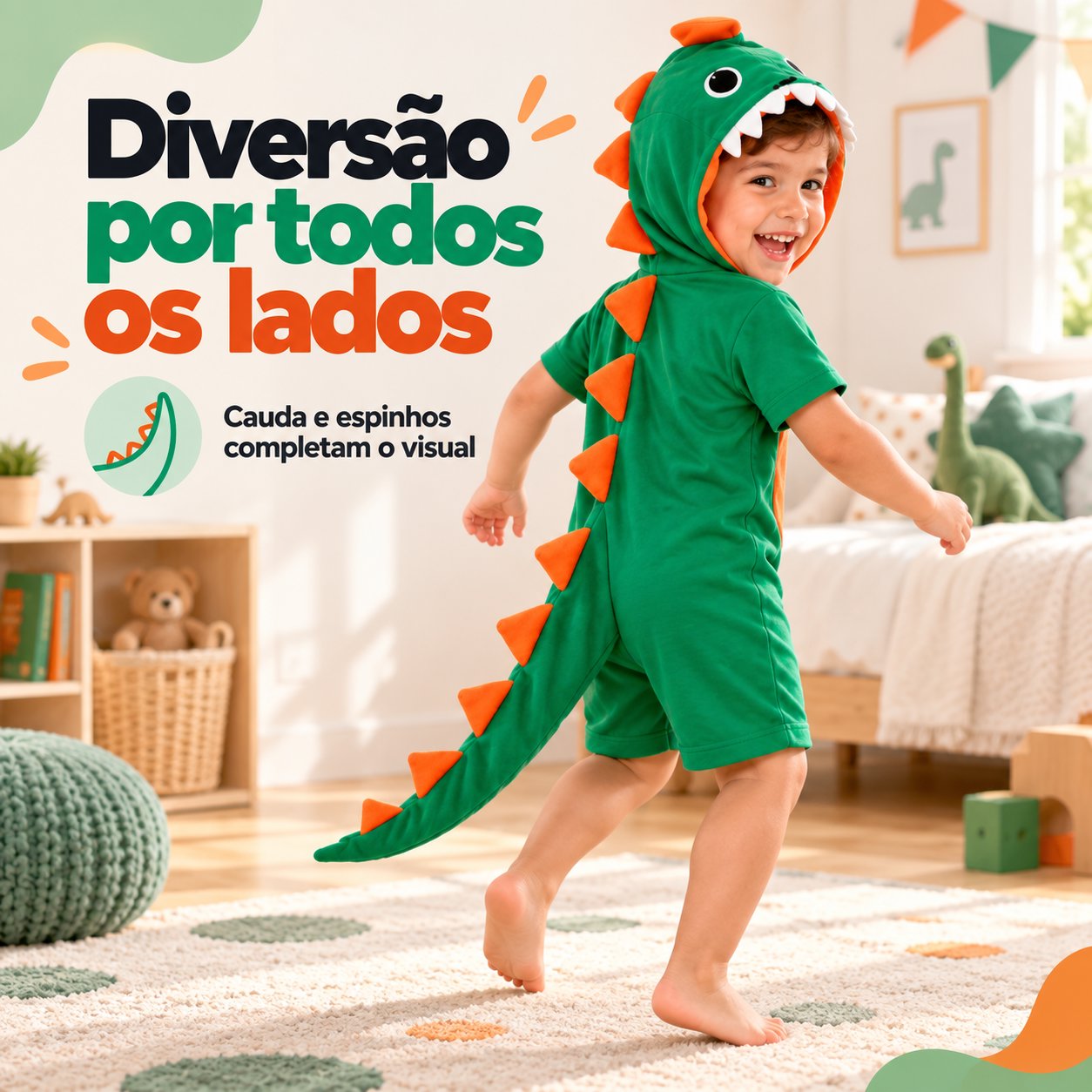 Fantasia Dinossauro Infantil Unissex Macacão com Capuz e Zíper Fantasia Infantil 03 Kabannas 