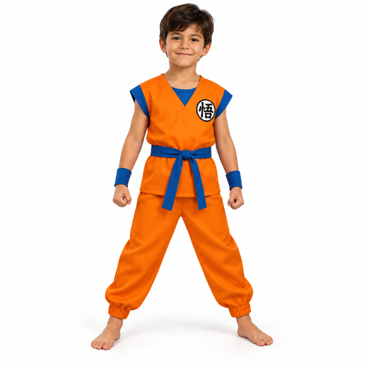 Fantasia Goku infantil laranja e azul em fundo branco