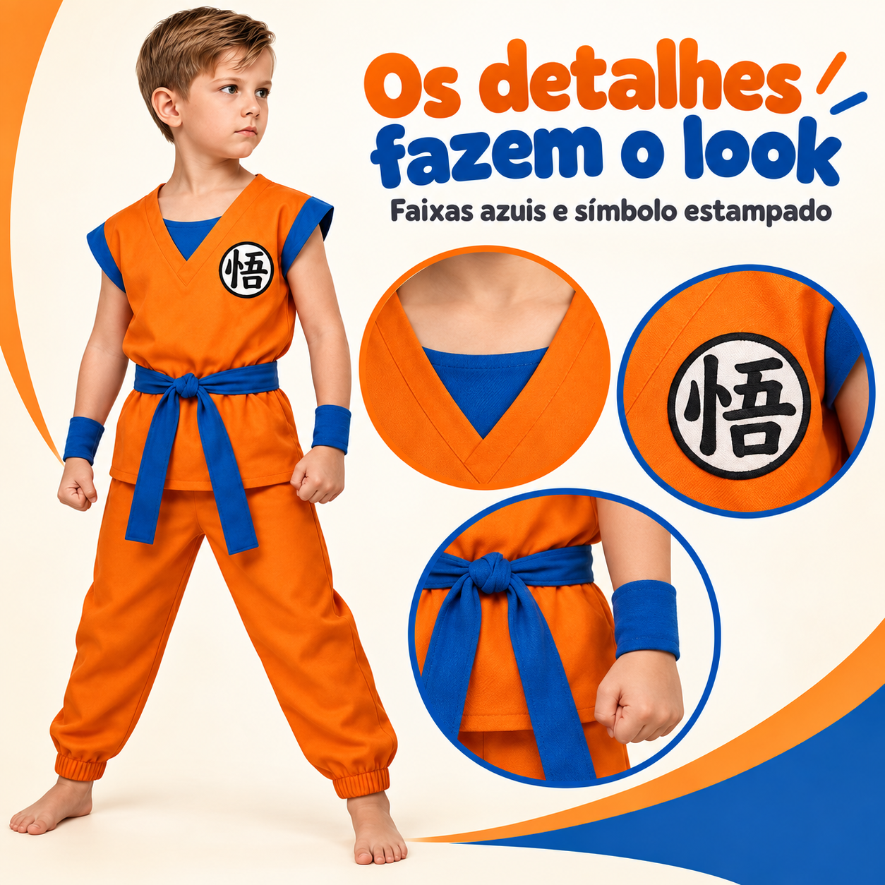 Detalhes das faixas azuis e símbolo estampado