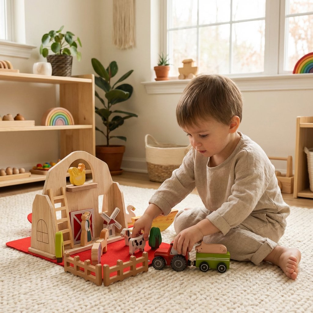 Fazendinha Montessori de Madeira Infantil com Animais Educativos Brinquedos de Madeira 18 Kabannas 