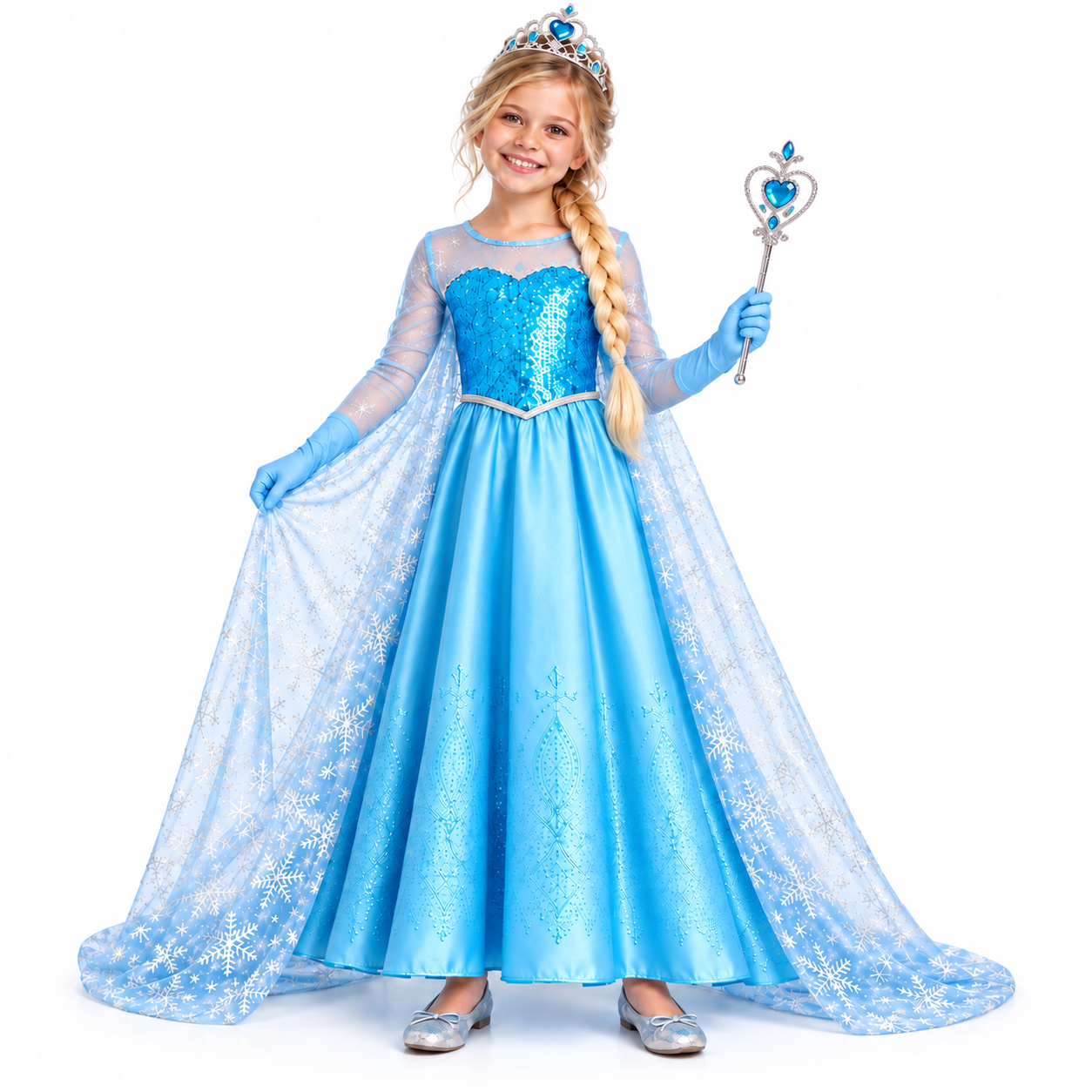 Fantasia azul Princesa do Gelo infantil em fundo branco, com capa, luvas e acessórios