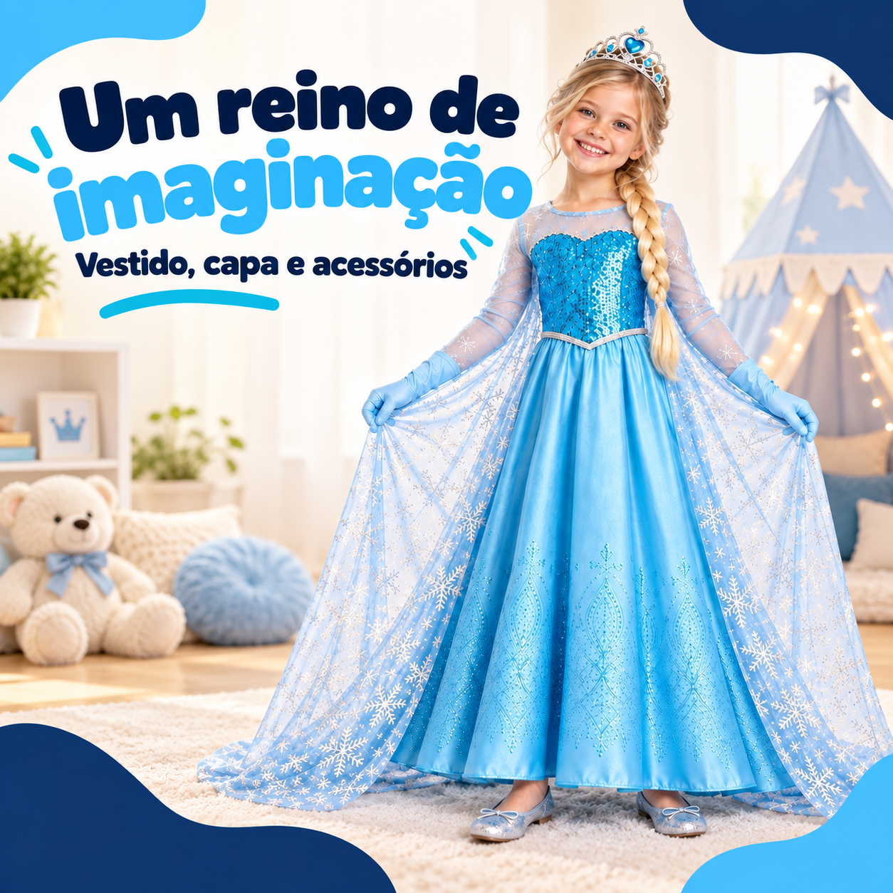 Criança usando fantasia azul Princesa do Gelo em cenário de brincadeira