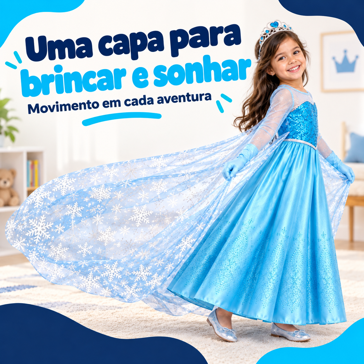 Criança usando fantasia azul com capa em movimento