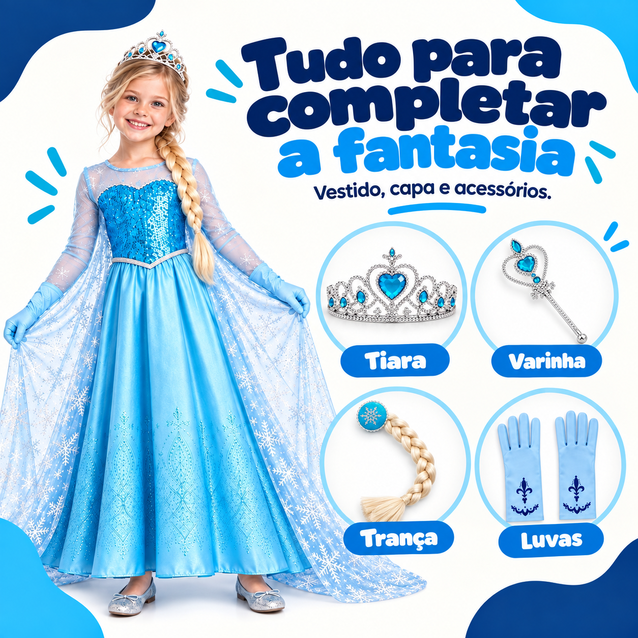 Detalhes da fantasia Princesa do Gelo e acessórios inclusos