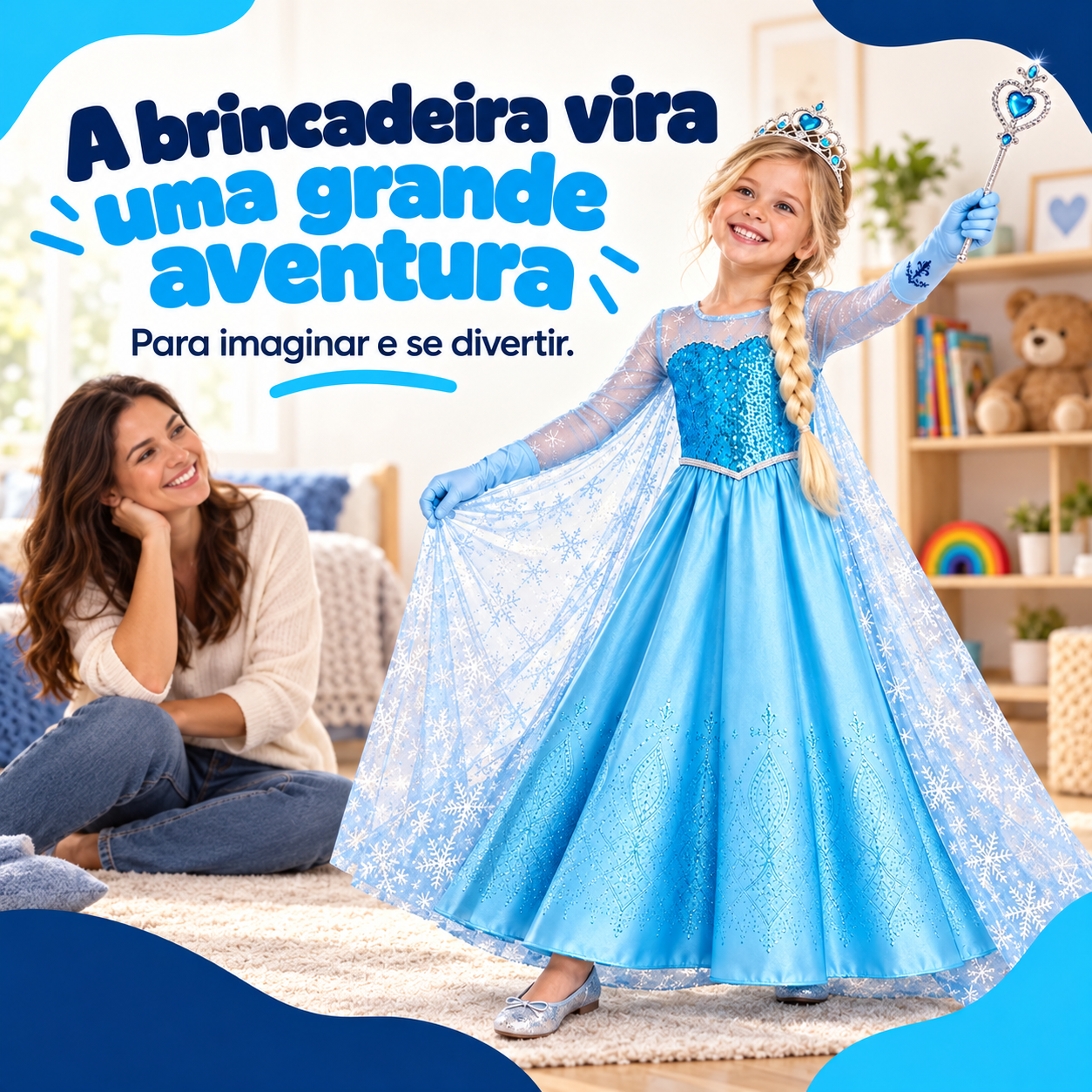 Criança brincando de princesa com fantasia azul em casa