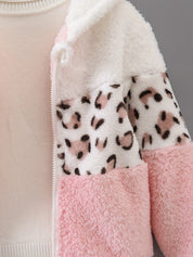 Jaqueta Infantil Feminina com Capuz e Zíper Pelúcia Colorblock Estampa Leopardo Jaqueta Menina 01 Kabannas 